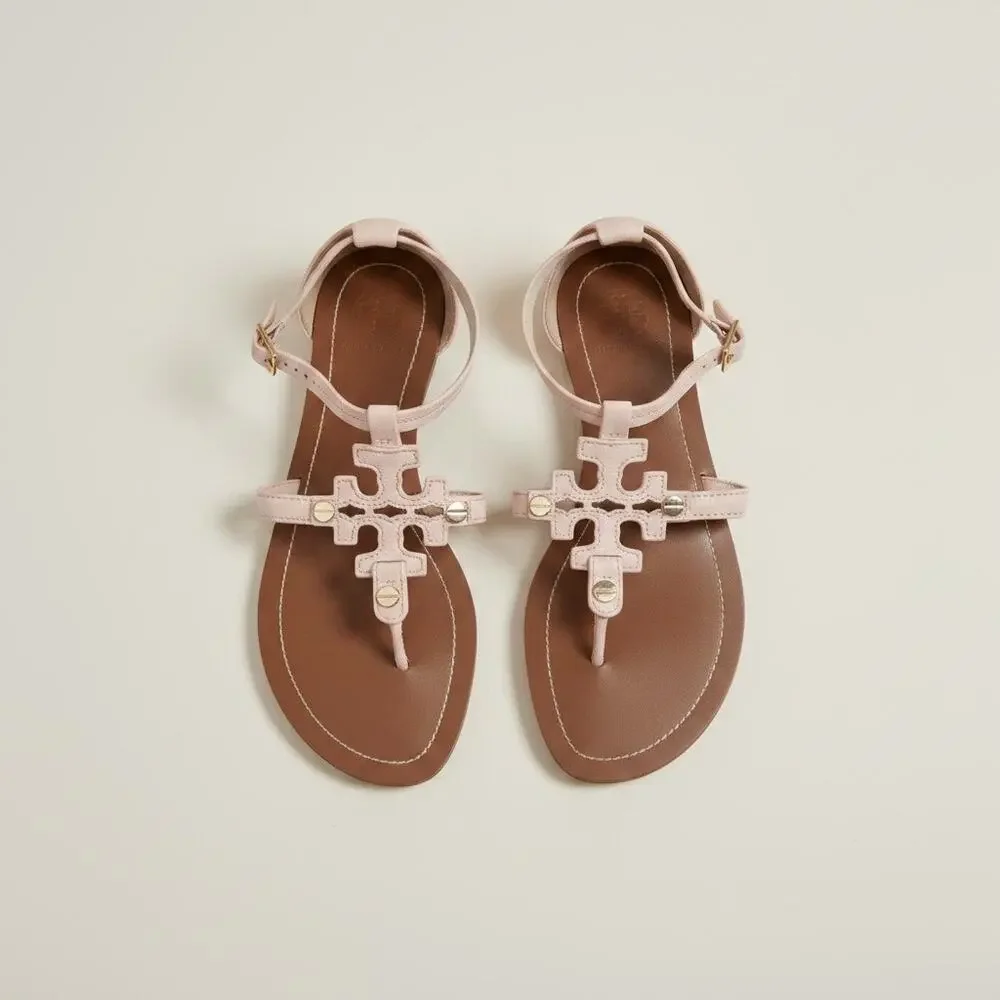 Tory Burch Phoebe Blush Leather Flat Thong Ankle Strap Sandals Sz 8